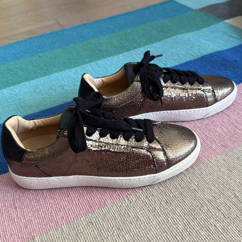 NWOB ALL SAINTS Sheer Shimmer Sneakers Metallic Gold Size 6